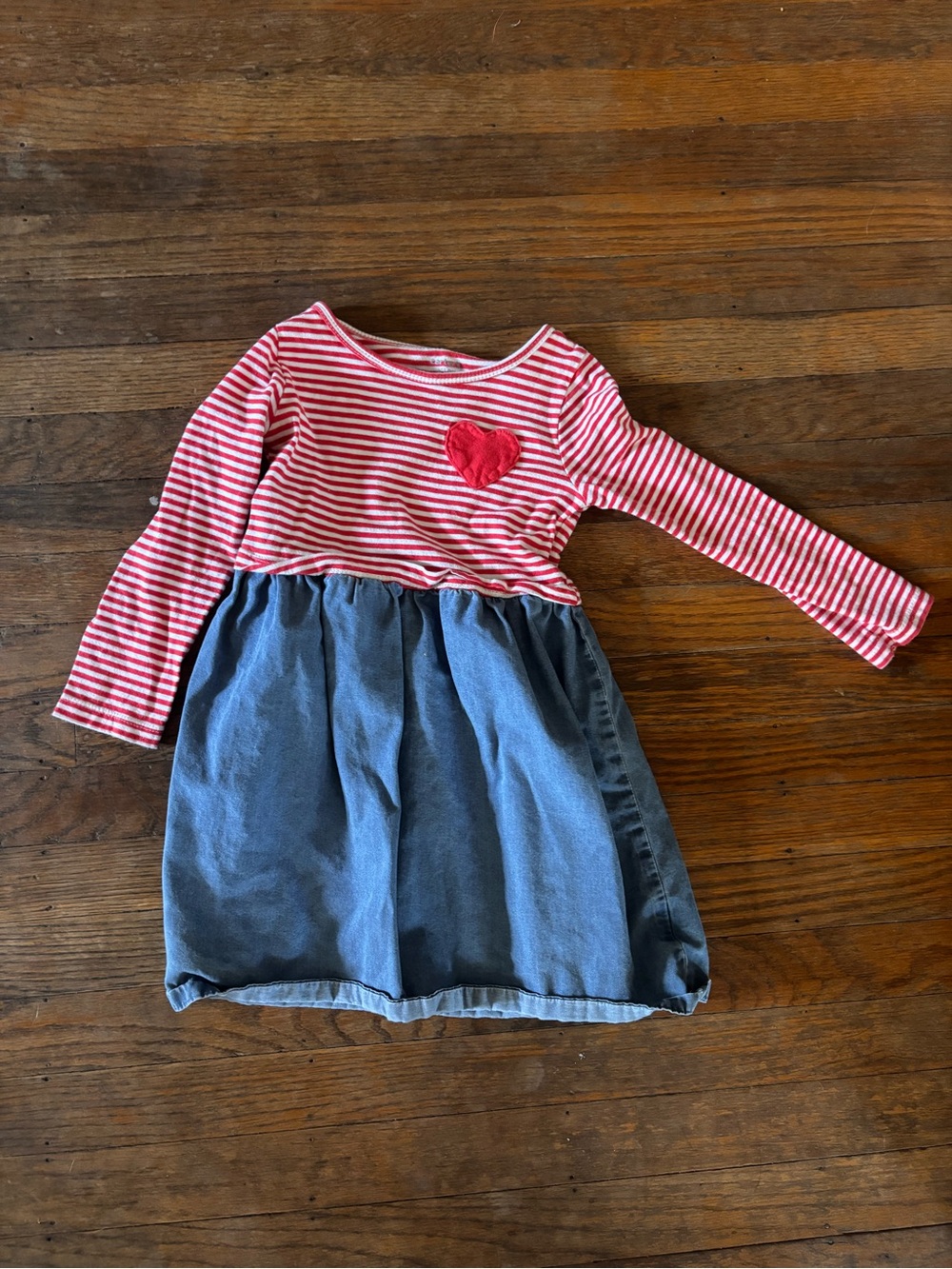 Girls Red & White Stripe Heart Top with Blue Denim Skirt Dress